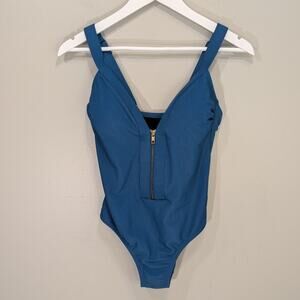 Kona Sol Ribbed Zipper Swimsuit Teal Retro Revival Mermaid Beach Luxury - Size S